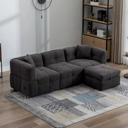 Divano componibile, Divano a L con pouf contenitore mobile, 2 porte USB e 2 cuscini, Divano imbottito trapuntato per soggiorno
