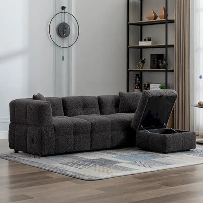 Divano componibile, Divano a L con pouf contenitore mobile, 2 porte USB e 2 cuscini, Divano imbottito trapuntato per soggiorno