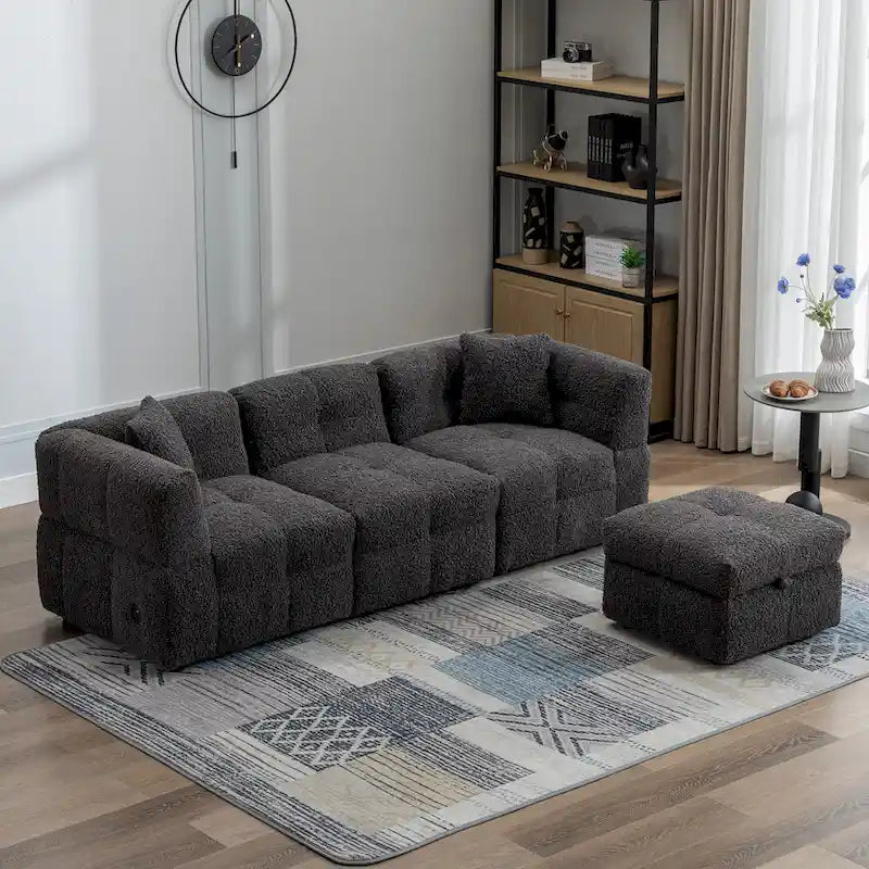 Divano componibile, Divano a L con pouf contenitore mobile, 2 porte USB e 2 cuscini, Divano imbottito trapuntato per soggiorno