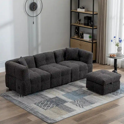 Divano componibile, Divano a L con pouf contenitore mobile, 2 porte USB e 2 cuscini, Divano imbottito trapuntato per soggiorno
