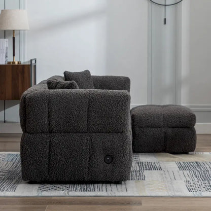 Divano componibile, Divano a L con pouf contenitore mobile, 2 porte USB e 2 cuscini, Divano imbottito trapuntato per soggiorno