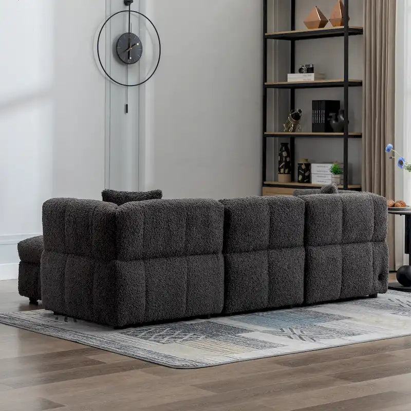 Divano componibile, Divano a L con pouf contenitore mobile, 2 porte USB e 2 cuscini, Divano imbottito trapuntato per soggiorno
