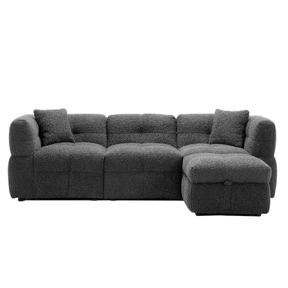 Divano componibile, Divano a L con pouf contenitore mobile, 2 porte USB e 2 cuscini, Divano imbottito trapuntato per soggiorno
