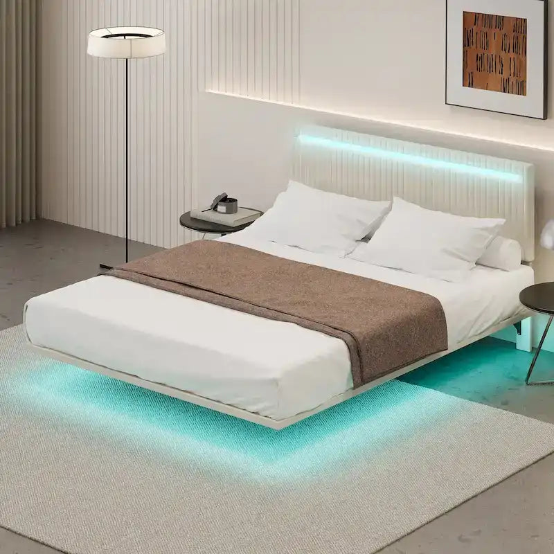 Moderno Telaio Letto Flottante Imbottito con Luci LED, Letto in Tessuto Velluto con Design a Canali Verticali, Misura Matrimoniale Francese, Beige