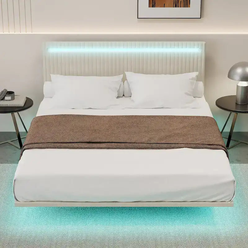 Moderno Telaio Letto Flottante Imbottito con Luci LED, Letto in Tessuto Velluto con Design a Canali Verticali, Misura Matrimoniale Francese, Beige