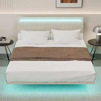 Moderno Telaio Letto Flottante Imbottito con Luci LED, Letto in Tessuto Velluto con Design a Canali Verticali, Misura Matrimoniale Francese, Beige