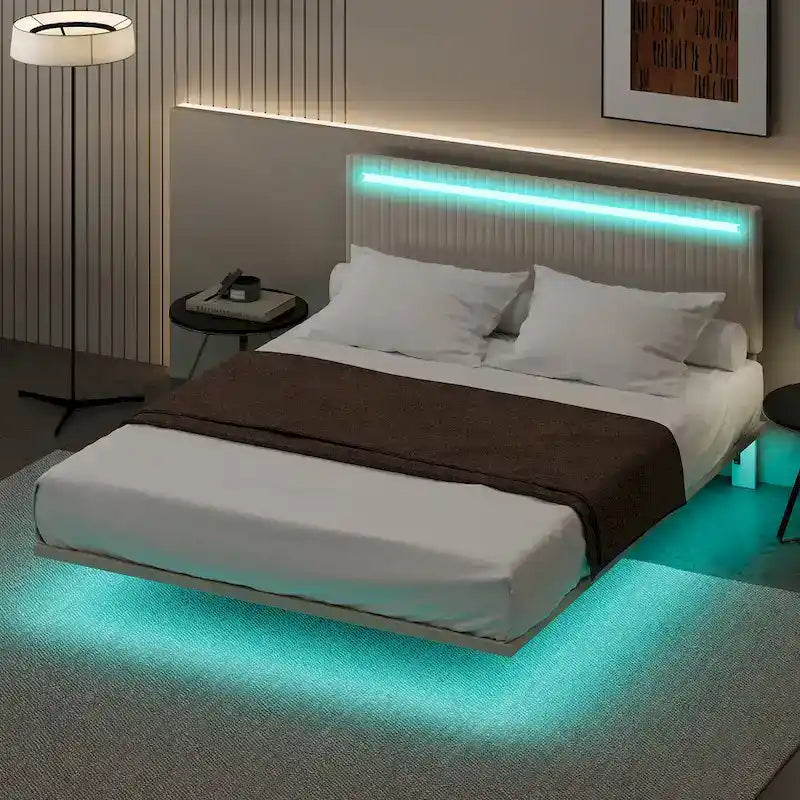Moderno Telaio Letto Flottante Imbottito con Luci LED, Letto in Tessuto Velluto con Design a Canali Verticali, Misura Matrimoniale Francese, Beige