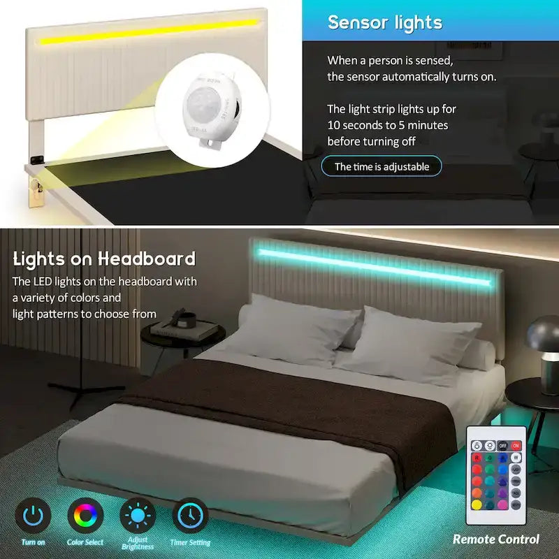 Moderno Telaio Letto Flottante Imbottito con Luci LED, Letto in Tessuto Velluto con Design a Canali Verticali, Misura Matrimoniale Francese, Beige