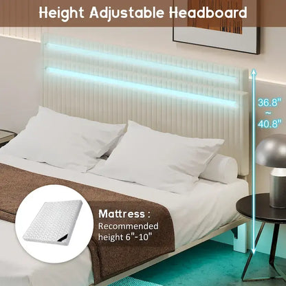 Moderno Telaio Letto Flottante Imbottito con Luci LED, Letto in Tessuto Velluto con Design a Canali Verticali, Misura Matrimoniale Francese, Beige