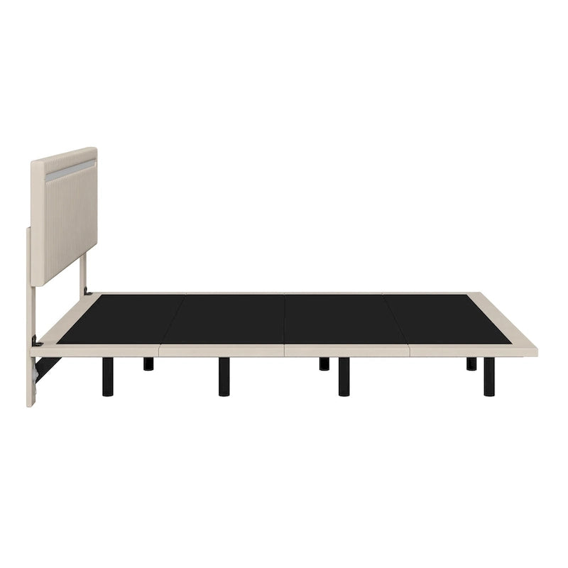 Moderno Telaio Letto Flottante Imbottito con Luci LED, Letto in Tessuto Velluto con Design a Canali Verticali, Misura Matrimoniale Francese, Beige