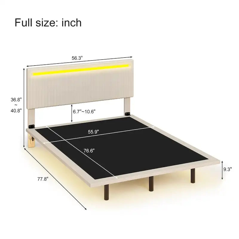 Moderno Telaio Letto Flottante Imbottito con Luci LED, Letto in Tessuto Velluto con Design a Canali Verticali, Misura Matrimoniale Francese, Beige