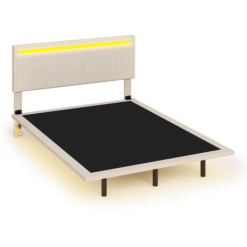 Moderno Telaio Letto Flottante Imbottito con Luci LED, Letto in Tessuto Velluto con Design a Canali Verticali, Misura Matrimoniale Francese, Beige