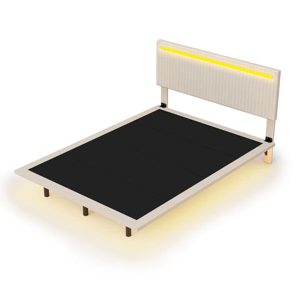 Moderno Telaio Letto Flottante Imbottito con Luci LED, Letto in Tessuto Velluto con Design a Canali Verticali, Misura Matrimoniale Francese, Beige