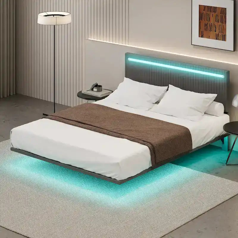 Moderno Telaio Letto Flottante Imbottito con Luci LED, Letto in Tessuto Velluto con Design a Canali Verticali, Misura Matrimoniale Francese, Beige