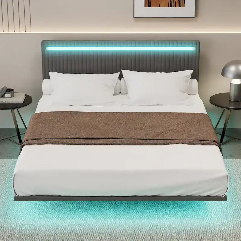 Moderno Telaio Letto Flottante Imbottito con Luci LED, Letto in Tessuto Velluto con Design a Canali Verticali, Misura Matrimoniale Francese, Beige