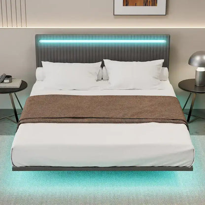 Moderno Telaio Letto Flottante Imbottito con Luci LED, Letto in Tessuto Velluto con Design a Canali Verticali, Misura Matrimoniale Francese, Beige