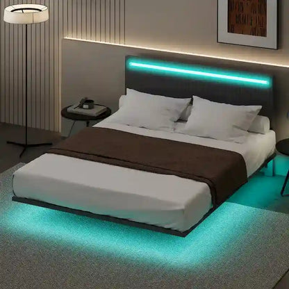 Moderno Telaio Letto Flottante Imbottito con Luci LED, Letto in Tessuto Velluto con Design a Canali Verticali, Misura Matrimoniale Francese, Beige