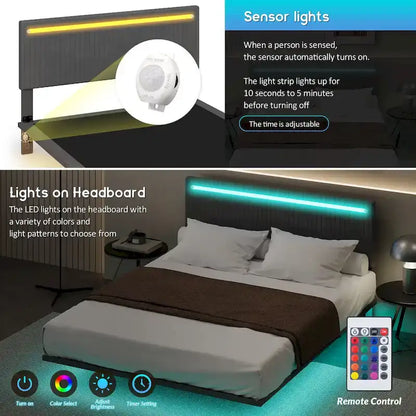Moderno Telaio Letto Flottante Imbottito con Luci LED, Letto in Tessuto Velluto con Design a Canali Verticali, Misura Matrimoniale Francese, Beige