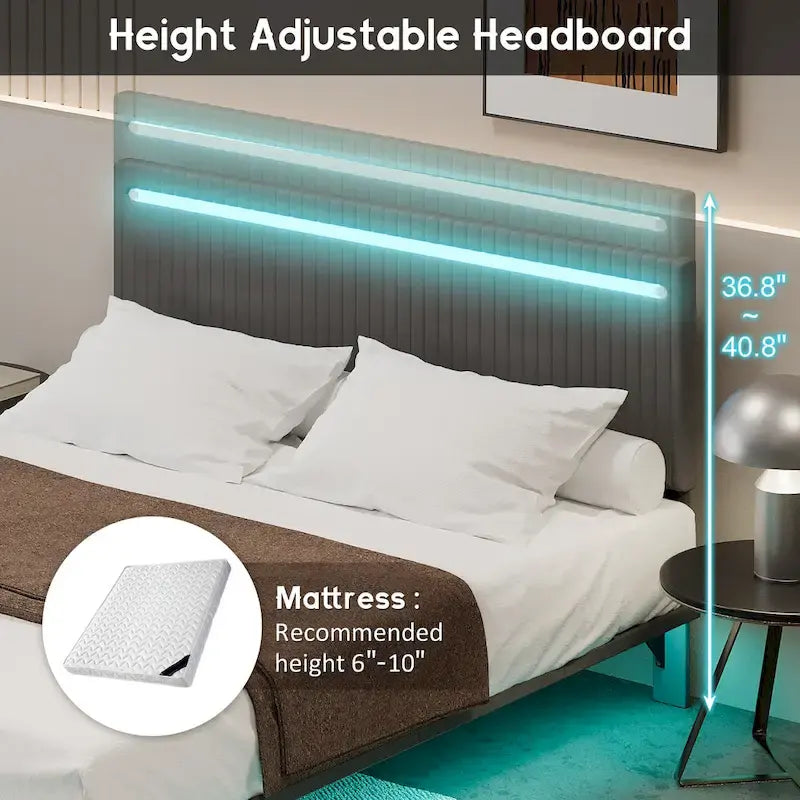 Moderno Telaio Letto Flottante Imbottito con Luci LED, Letto in Tessuto Velluto con Design a Canali Verticali, Misura Matrimoniale Francese, Beige