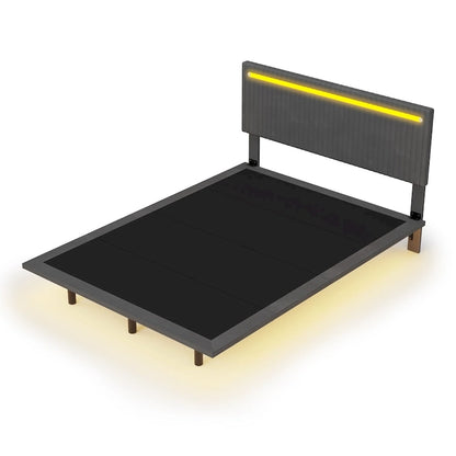 Moderno Telaio Letto Flottante Imbottito con Luci LED, Letto in Tessuto Velluto con Design a Canali Verticali, Misura Matrimoniale Francese, Beige