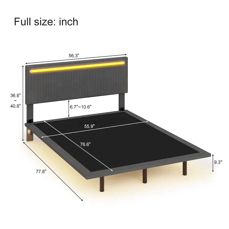 Moderno Telaio Letto Flottante Imbottito con Luci LED, Letto in Tessuto Velluto con Design a Canali Verticali, Misura Matrimoniale Francese, Beige