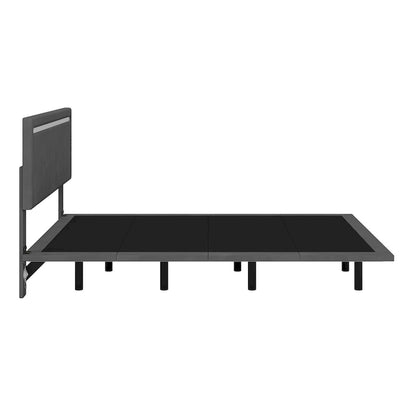 Moderno Telaio Letto Flottante Imbottito con Luci LED, Letto in Tessuto Velluto con Design a Canali Verticali, Misura Matrimoniale Francese, Beige