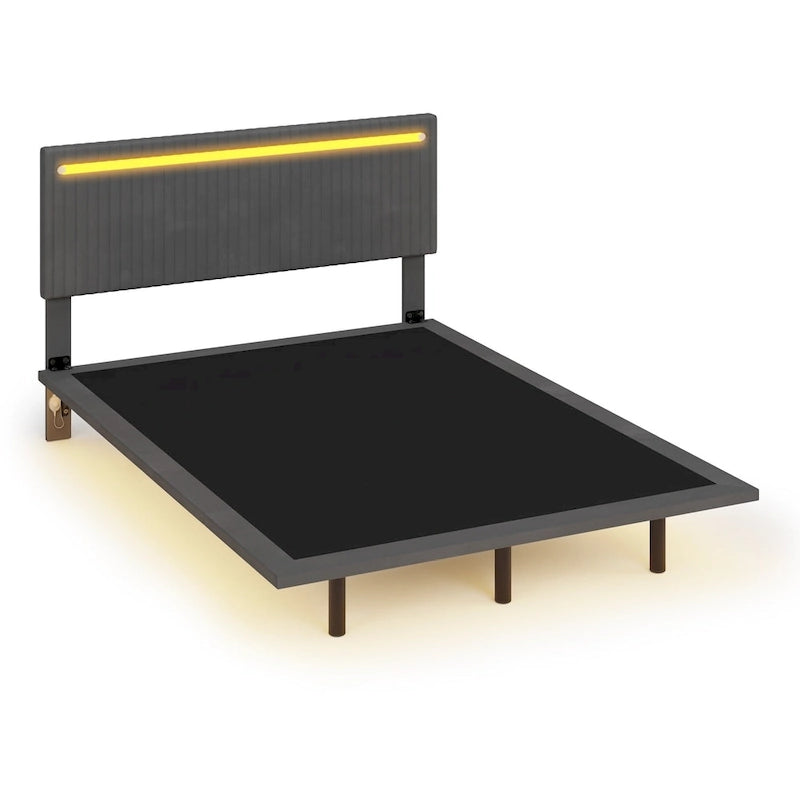 Moderno Telaio Letto Flottante Imbottito con Luci LED, Letto in Tessuto Velluto con Design a Canali Verticali, Misura Matrimoniale Francese, Beige