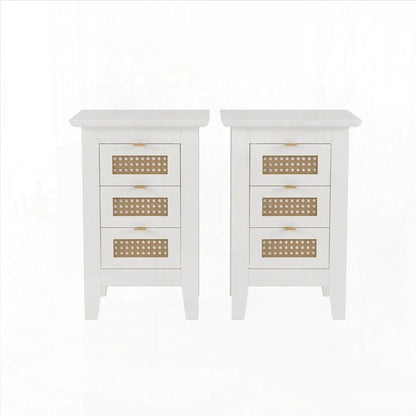 Wooden Nightstands Set of 2 with Rattan-Woven Surfaces and Three Drawers