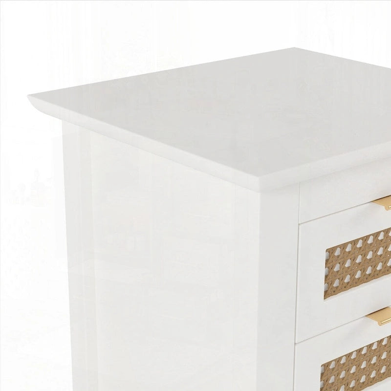 Comodini in legno con superfici in rattan intrecciato e tre cassetti – Confezione da 2