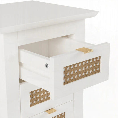 Comodini in legno con superfici in rattan intrecciato e tre cassetti – Confezione da 2