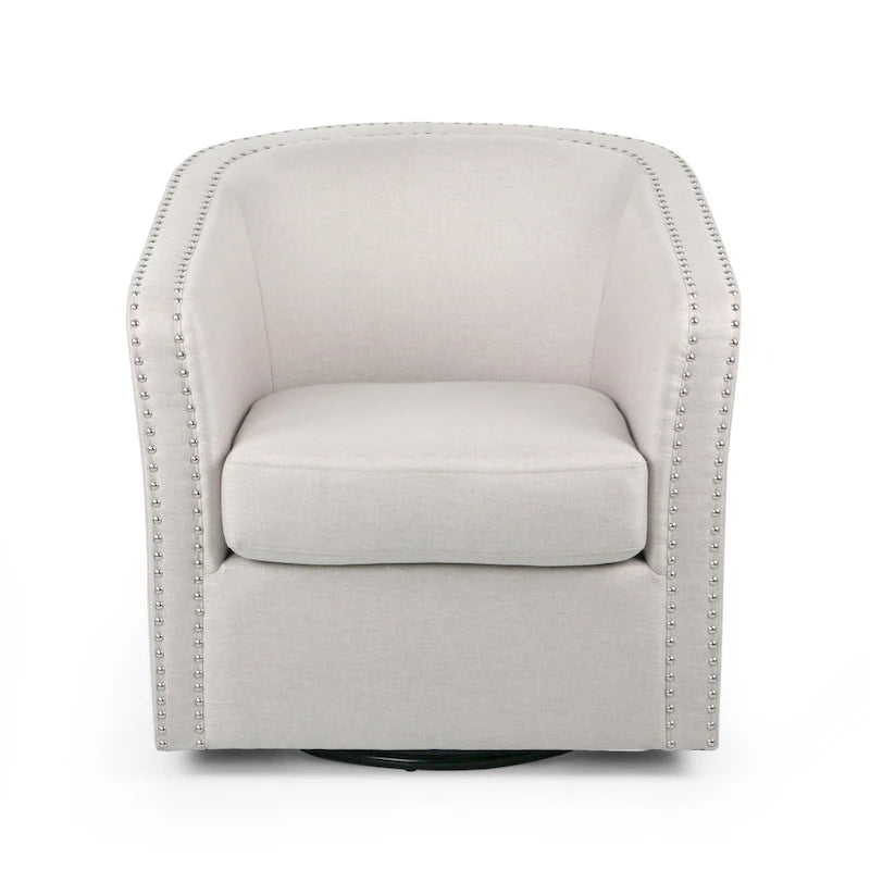 Poltrona girevole accent, stile classico a botte, tessuto beige grano