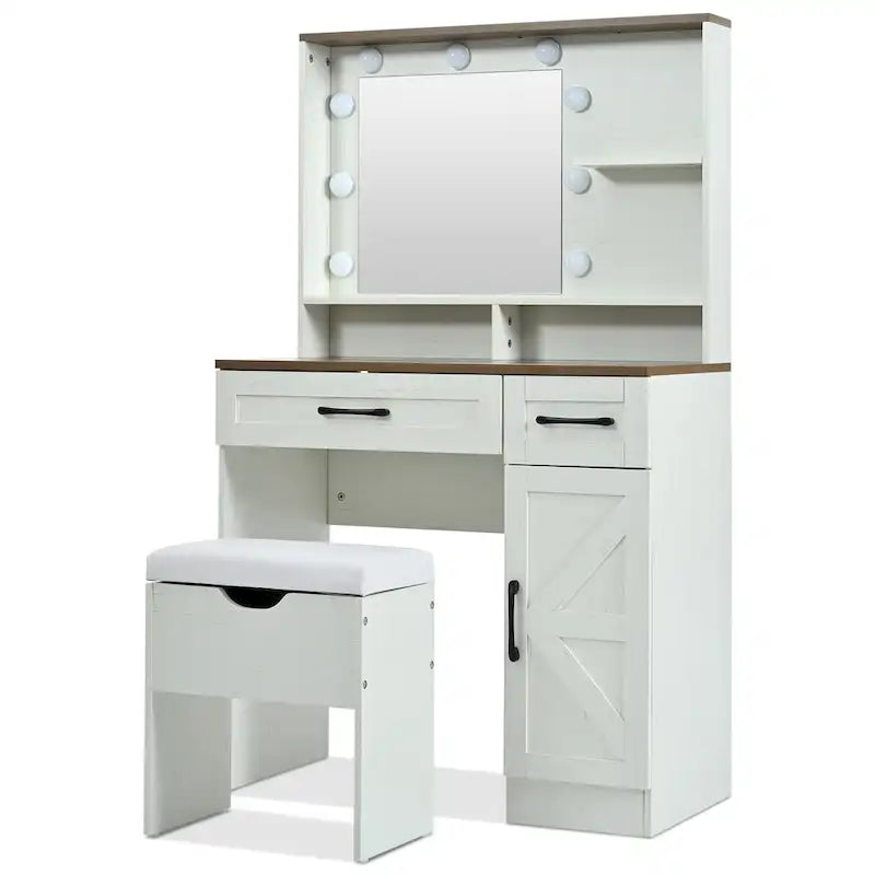 Toeletta con Specchio e Luci, Tavolo da Trucco con Ripiani Regolabili e Cassetto, Tavolino da Trucco con Mobiletto Laterale