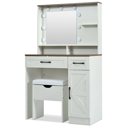 Toeletta con Specchio e Luci, Tavolo da Trucco con Ripiani Regolabili e Cassetto, Tavolino da Trucco con Mobiletto Laterale