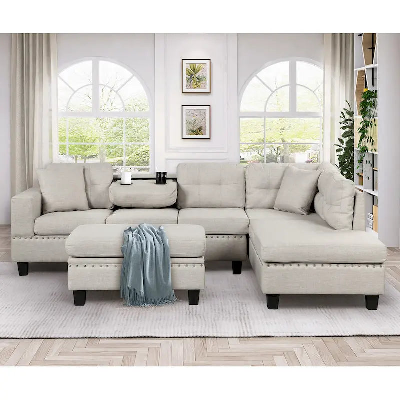 Divano Sezionale Moderno a L con Pouf Contenitore Mobile