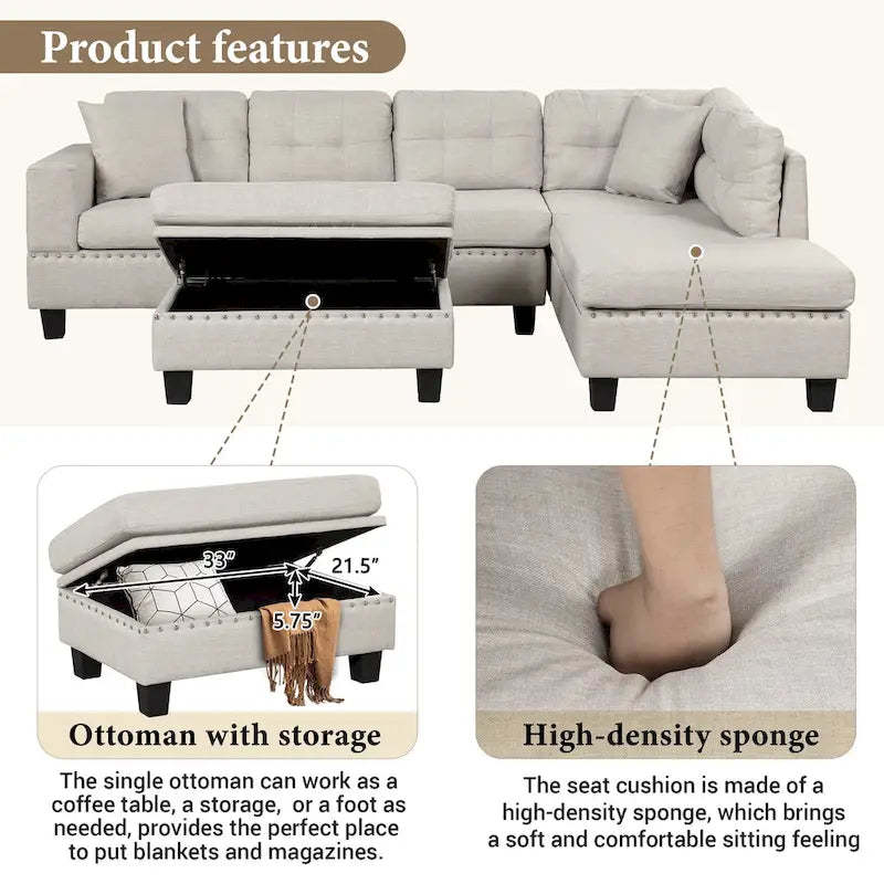 Divano Sezionale Moderno a L con Pouf Contenitore Mobile