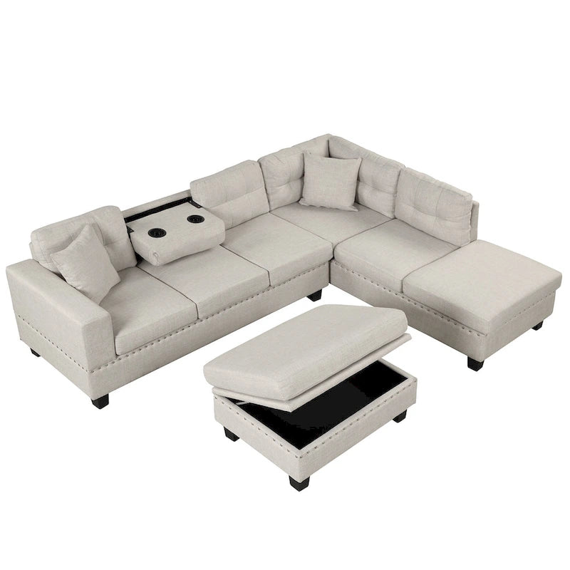 Divano Sezionale Moderno a L con Pouf Contenitore Mobile