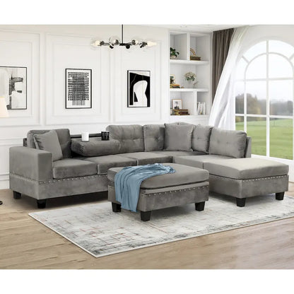 Divano Sezionale Moderno a L con Pouf Contenitore Mobile