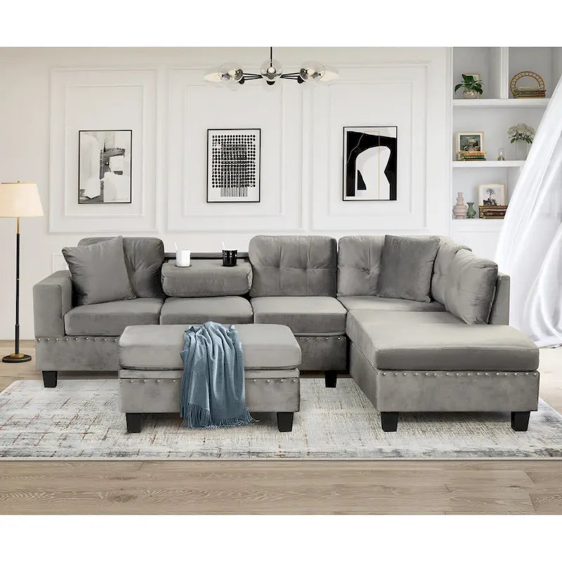 Divano Sezionale Moderno a L con Pouf Contenitore Mobile