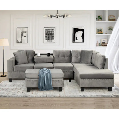 Divano Sezionale Moderno a L con Pouf Contenitore Mobile
