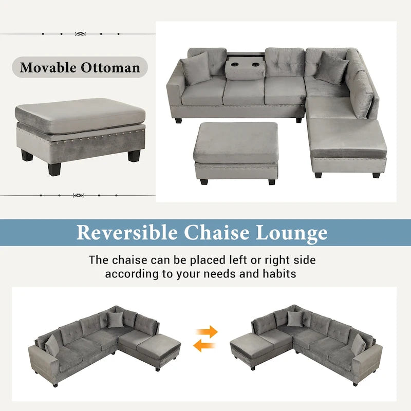 Divano Sezionale Moderno a L con Pouf Contenitore Mobile