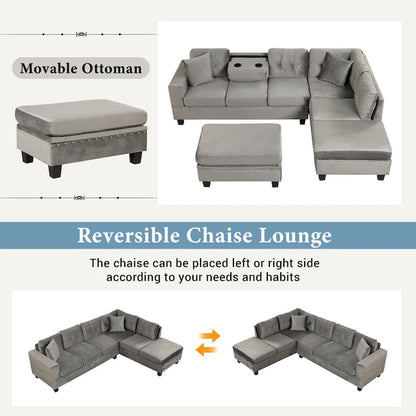 Divano Sezionale Moderno a L con Pouf Contenitore Mobile