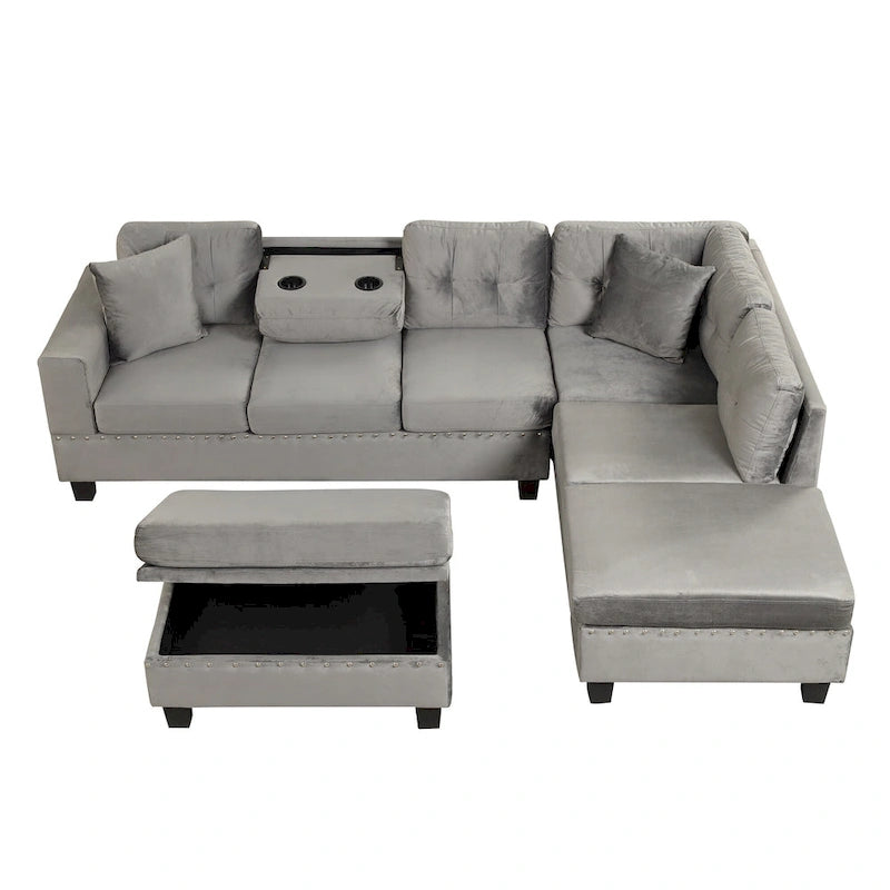 Divano Sezionale Moderno a L con Pouf Contenitore Mobile