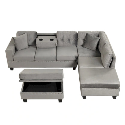 Divano Sezionale Moderno a L con Pouf Contenitore Mobile