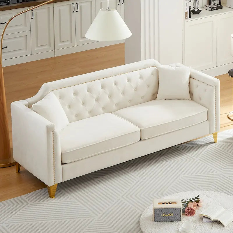 Divano Mid-Century Modern in ciniglia con gambe in metallo dorato e cuscini