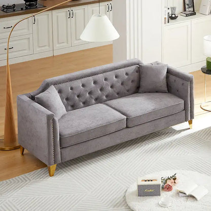 Divano Mid-Century Modern in ciniglia con gambe in metallo dorato e cuscini