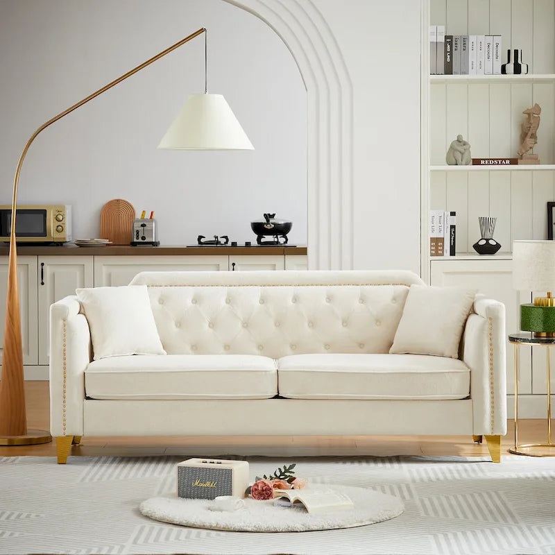 Divano Mid-Century Modern in ciniglia con gambe in metallo dorato e cuscini
