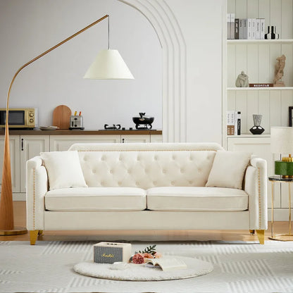 Divano Mid-Century Modern in ciniglia con gambe in metallo dorato e cuscini