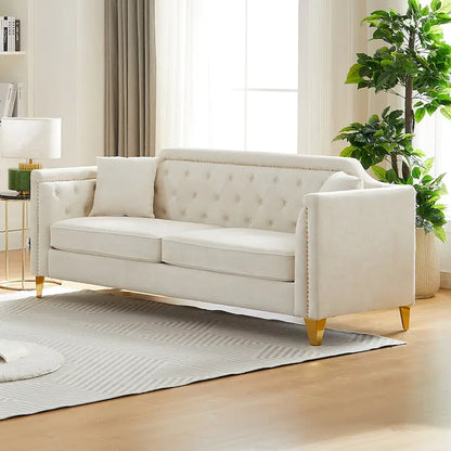 Divano Mid-Century Modern in ciniglia con gambe in metallo dorato e cuscini