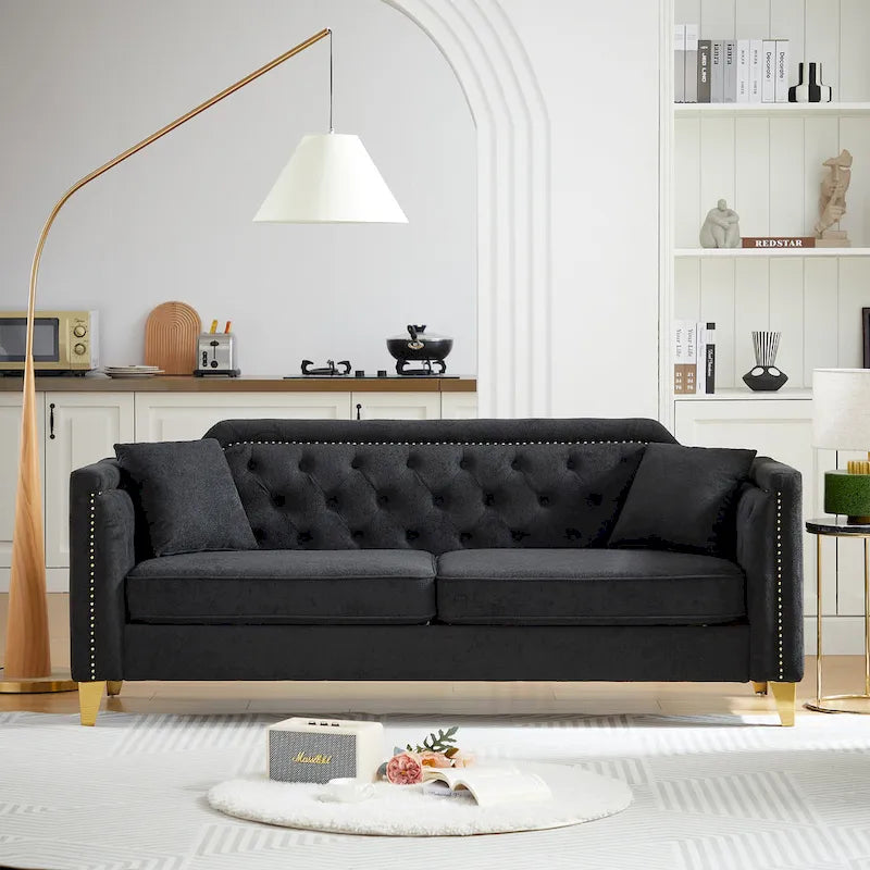 Divano Mid-Century Modern in ciniglia con gambe in metallo dorato e cuscini