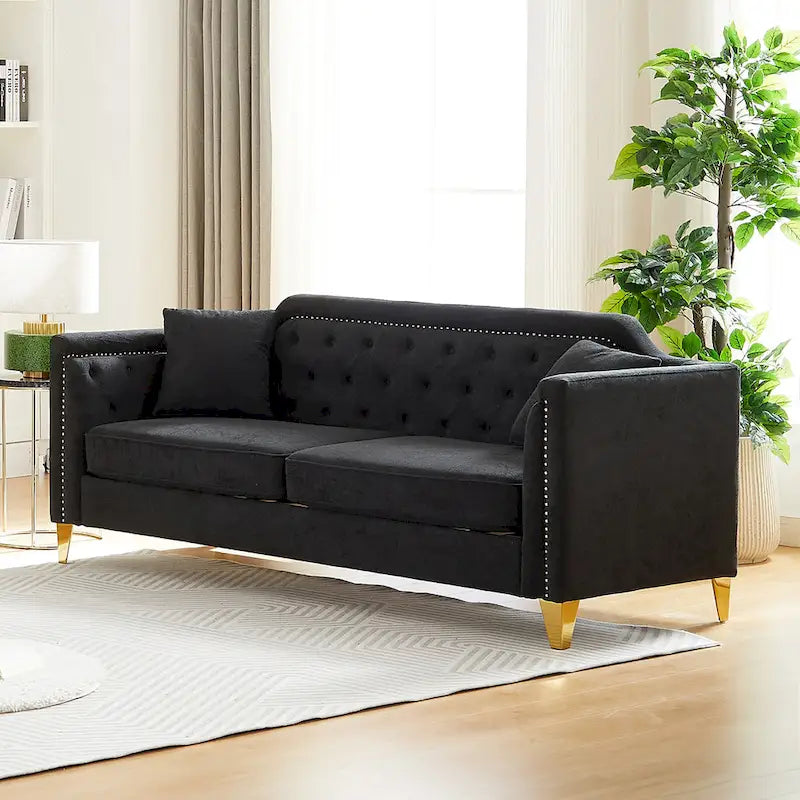 Divano Mid-Century Modern in ciniglia con gambe in metallo dorato e cuscini
